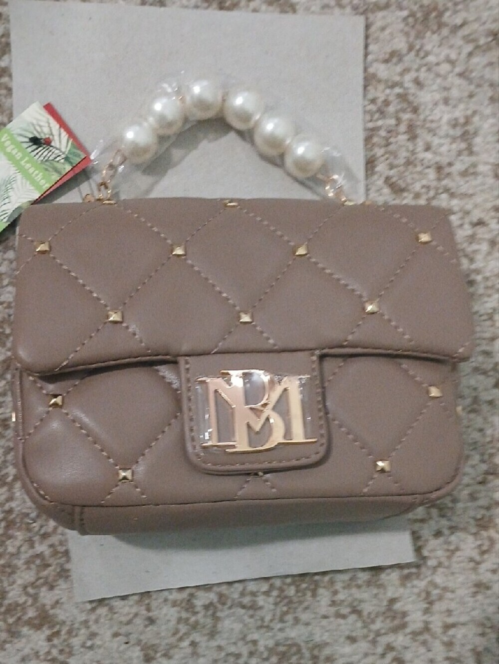 Badgley Mischka Taupe Quilted Crossbody Bag with Pearl Handle - Picture 4 of 9